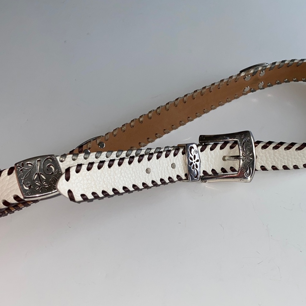 Brighton Western Stitch White and Brown Leather Belt with Silver Accents